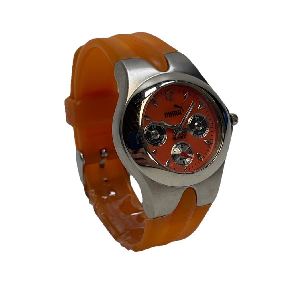Y2K Puma Swiss Time Multitask Watch Orange Resin Wrist Band Athletic Read
